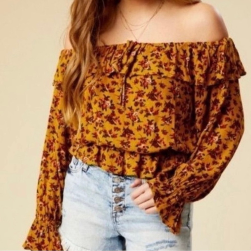 Altar'd State Large Off Shoulder Mustard Yellow Floral Long Sleeve Crop Top